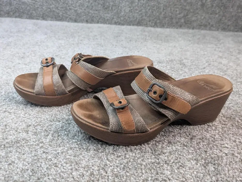 Dansko Sandals Shoes Womens Size 38 8 7.5 Brown Jessie Wedge Slide Buckle Lizard